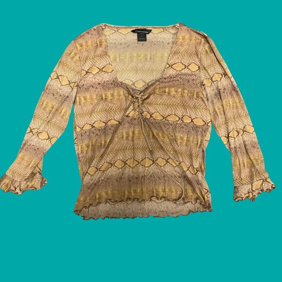 Moda International Snake Print Sheer Tie Front Top (Size S) Y2K Mesh Long Sleeve - Picture 2 of 7